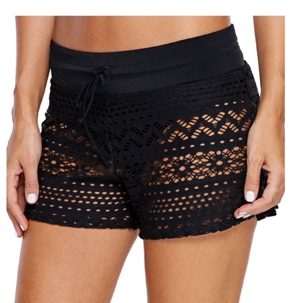 S-A-L-E!!!!!Black Lace-Overlay Boyshort Bikini Bottoms.